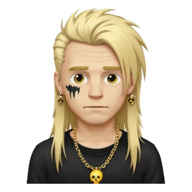 make a iphone emoji who is a white man that looks punk with messy blonde long hair with a black punk shirt and a golden neckless sticker