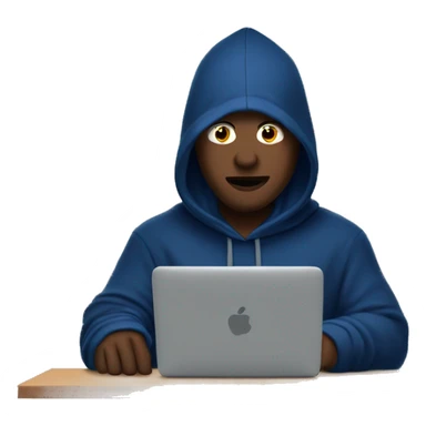 A man in a dark blue hoodie with a capelet on his head, his face not visible in the shadows, is sitting at a computer. sticker