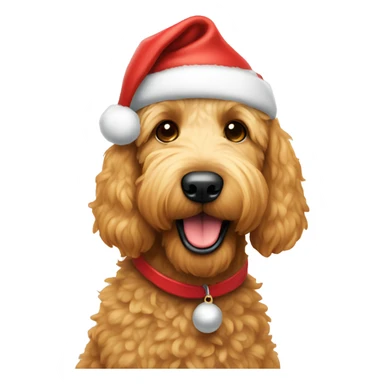 Golden doodle wearing a Santa hat sticker