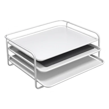 A minimal, clean emoji-style illustration of a white metal desk paper organizer tray, shown in slight isometric view so its structure is readable at a small scale. The organizer is rectangular with rounded corners, made of thin white metal wires, forming two to three stacked horizontal slots.
 sticker