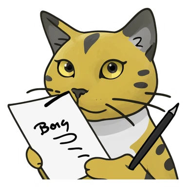 котик белый с черными и желтыми пятнами пишет пером sticker