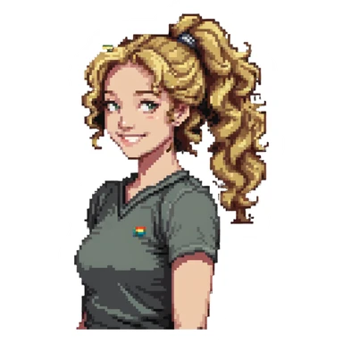 girl cruise director with curly dirty blonde hair in a ponytail, very happy sticker