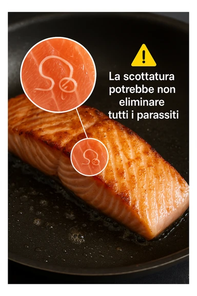 a close-up of a salmon fillet being lightly seared in a hot pan, with the outer layer cooked but the inside still raw. An inset magnifies the interior, showing visible Anisakis parasites surviving in the uncooked portion. A warning icon and educational text explain that searing alone may not eliminate all parasites. in italiano sticker