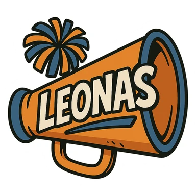 cheerleading megaphone with orange, blue and white colors, text 'Leonas', cartoon style sticker