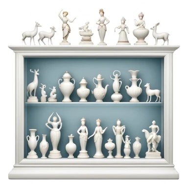 Icon for Porcelain Figurine Collecting: a collection of delicate porcelain figurines, such as animals, dancers, and historical characters, displayed on a shelf or in a display case. The icon should convey the elegance and artistry of collecting porcelain statues. Transparent background. sticker