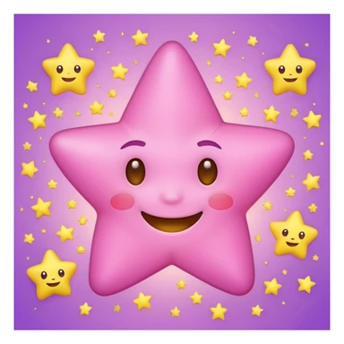 adorable pink star emoji with a smiling face, surrounded by little yellow stars, purple background sticker