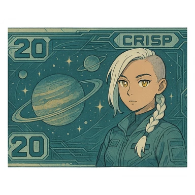 a banknote bill. full frame close up of a "20 crisp" banknote. futuristic, cyberpunk. stellar and planetary style designs adorn the bill. the face pictures is a woman in her 20's, gold yellow eyes, white hair in a single long braid, side of head shaved. she wears a military flight bdu. the final design shape is a 2:1 rectangle sticker