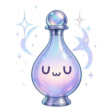 prabangus eliksyro buteliukas, lašo forma su mielu 'UwU' veiduku, pastelinė spalva, sidabrinės ir holografinės detalės, daug magiškų efektų, labai mažas kaklelis, vientisas dugnas, skaidrus fonas, buteliukas plūduriuoja ore, be pagrindo ar šešėlio, modernus, kolekcijai tinkamas sticker