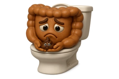 emoji stile iphone di un intestino realistico 3d che esce dal wc con in mano una montagnetta di feci con espressione triste a palline, iperrealistico 4k sticker