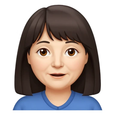 60 yr old woman, long hair to waist, very small brown eyes, long hair, straight dark brown hair, bangs, chubby, long face, very tired but happy sticker