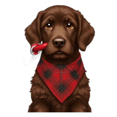 A chocolate colored doodle wearing a red and black flannel handkerchief holding his leash in his mouth sticker
