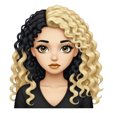 split dye leftside blonde rightside black hair, baddie, pretty makeup, black eyeliner, long curly hair sticker