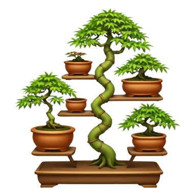 Twisted bamboo floor shelf unit stand displaying hair leaf maples and bonsai plants(in shallow bonsai pots) cluttered because they have too many  sticker