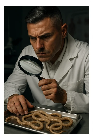 A middle-aged male kinesiologist wearing a pristine white lab coat, intensely analyzing long, beige tapeworms (like Taenia) under a magnifying glass. His expression is focused and slightly concerned, with dramatic studio lighting casting sharp shadows. The parasites are highly detailed, moist, and textured, stretched across a sterile metal tray. The background is blurred but suggests a clinical environment—hints of a microscope, medical charts, and clean lab equipment. The style is hyper-realistic, with a cinematic contrast between the bright white coat and the grotesque, organic forms of the parasites. No sci-fi elements, just raw medical realism with a disturbing edge sticker