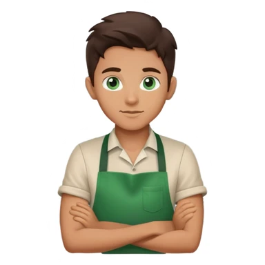 blue eyed brunette barista boy with green apron sticker