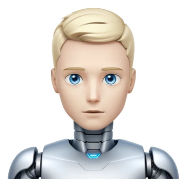 Male humanoid robot with short blond hair, metallic face, digital eyes, sharp jawline, futuristic sticker