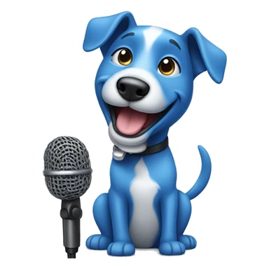 smiling blue dog with a microphone sticker