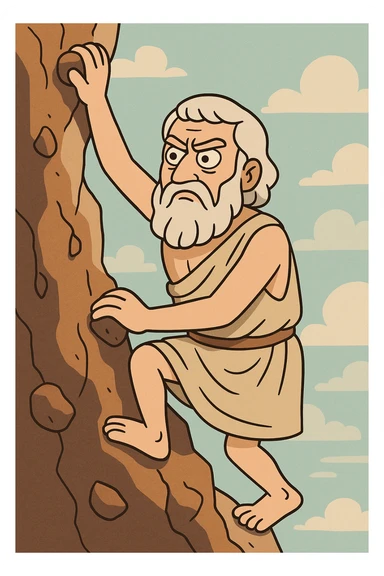 Plato rock climbing, ancient Greek philosopher, determined expression, cartoon style sticker
