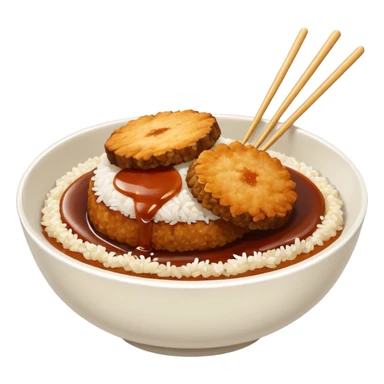 bowl filled with rice, a bit of brown sauce over the rice and a breaded pork cutlet over it. no cutlery or chopsticks anywhere sticker