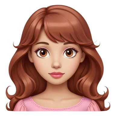 cute woman, light tan skin, big brown eyes, very long princess wavy auburn hair, bangs, pink top, coral lipstick sticker