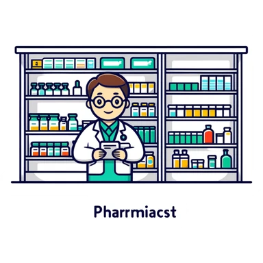 pharmacy shelves, pharmacist, sign sticker