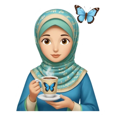 Turkish beautiful finish Konya girl blue with beige and light green hijab  butterfly islamic dress and had on her hand Turkish coffee sticker