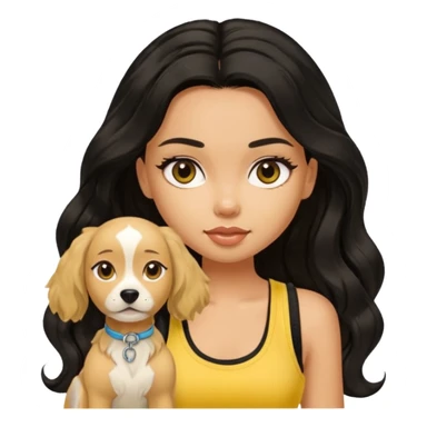 tan pretty bratz girl with long wavy black hair, wearing a yellow tank top with a dog sticker
