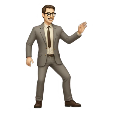 Full height Actively gesturing with hands Pale skinned fit man with dark brown hair in gray jacket, beige office shirt, brown tie, brown pants and vintage glasses. sticker