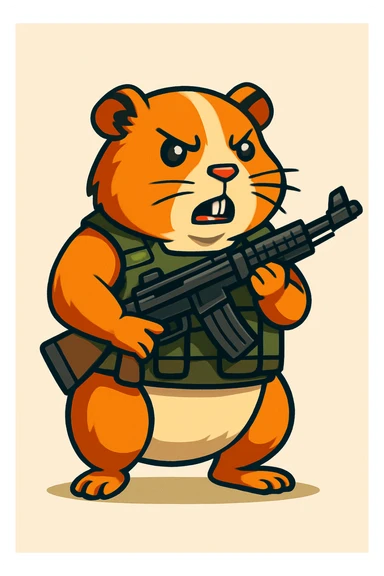 full-body guinea pig wearing a tactical military vest, holding a rifle, detailed cartoon style sticker