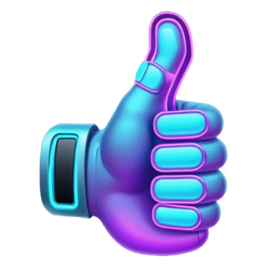 futuristic glowing thumbs up, neon purple and cyan light, dark background, digital tech style sticker