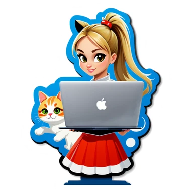 Blonde girl ponytail macBook and a cat sticker