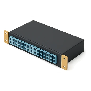 A 19-inch telecommunications optical cross-connect in a 3D style, using a color palette of three colors (5EC6F1/F9DCAF/353946) sticker