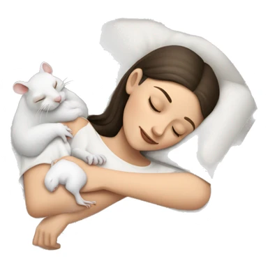 white brunette sleeping woman cuddling with one tiny white rat with red eyes sticker