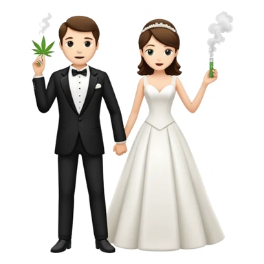 A bride in white wedding dress and groom in tuxedo, full body, smoking cannabis together sticker