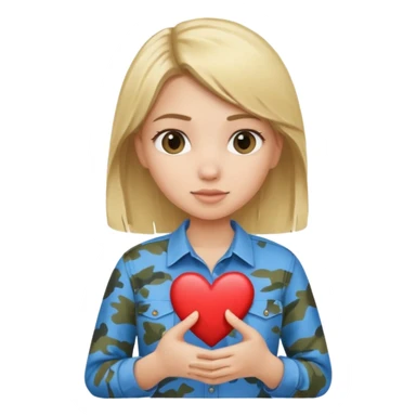 Blonde girl wearing blue shirt holding camo heart sticker