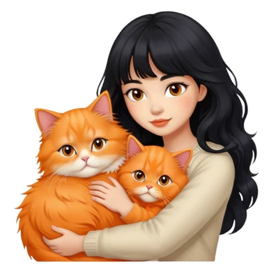 Beautiful girl with long wave black hair and bangs hugging orange Persian cat fluffy fur sticker