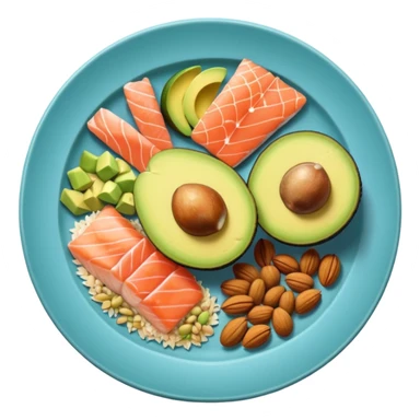plato con comida variada granos aguacate salmon nueces arroz sticker