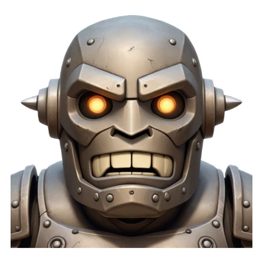 Cinematic Comical Mighty Iron Golem Portrait Emoji Head tilted dramatically with an exaggeratedly amused expression, featuring a bulky, armored form with a slightly lopsided stance, ancient runes flickering erratically, and one massive, jointed hand raised in a slow, deliberate wave. Wide, expressive glowing eyes give it an almost humorous, puzzled look, as if it’s contemplating something far beyond mortal understanding. Rendered with detailed metallic textures and deep, dynamic lighting, high shine, dramatic yet whimsical, styled with a hint of unexpected charm, soft glowing outline, capturing the essence of an endearing yet colossal guardian that looks ready to crack an impossibly slow, earth-shaking joke! sticker