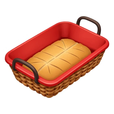 shallow wicker bread basket viewed from above with one lonely breadcrumb inside, small almost-empty red battery icon (5% level) in upper-right corner, bold lines, flat colors with gentle gradients, emoji style sticker