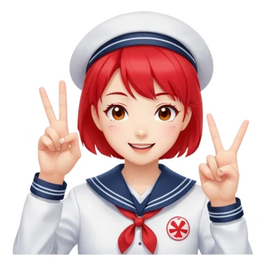 Energetic anime girl with short bright red hair wearing Japanese sailor style school uniform, winking and making double peace signs, very cheerful and bubbly, kawaii style sticker