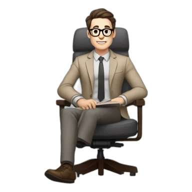 Pale skinned Fit Man With dark brown hair in gray jacket, beige office shirt, Brown pants and vintage glasses sitting In a soft chair with a notebook with emblem Ψ and a pen in his hands sticker