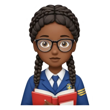 Girl student wearing uniform, glasses, hold book in front of their chest, black braided hair, dark skin sticker
