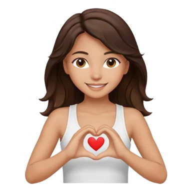 tan wavey dark long brown haired brown eyed girl making a heart with her hands wearing a white tank top and smiling pretty sticker