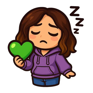 Sticker style chibi emote, matching the attached green heart emote as a base, but with a slightly skinnier body and a bigger chest. Woman from reference, lavender hoodie and blue jeans, sleepy with Zzz, cute tired face, no headband, no wand, transparent background. Top color should not match jeans. sticker