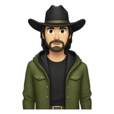 White hazel eyed cowboy with black long hair and beard wearing a black cowboy hat and olive green hoodie sticker