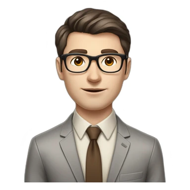 Pale skinned fit man with dark brown hair in gray jacket, beige office shirt, brown tie, brown pants and vintage glasses Writing on the flipchart sticker