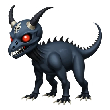 Shiny Dark Edgy  Duskull-Salandit-Inteleon-Amaura-Fakémon-hybrid-creature (full body) with a horned animal-skull-mask sticker