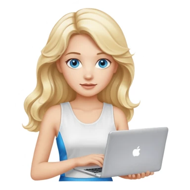 3D Apple-style emoji of a blonde woman whits long wavy hair, with bright blue eyes,
wearing a white sleeveless top,
holding a silver laptop,
clean white background, smooth rounded design
 sticker
