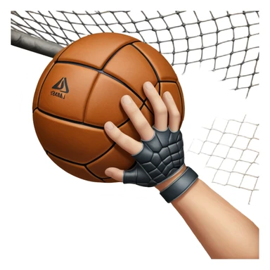 A close-up of a hand gripping a handball, with the goalposts visible in the background. The focus is on the texture of the ball and the strength of the grip, with the goal net slightly blurred to emphasize the anticipation of the throw. sticker