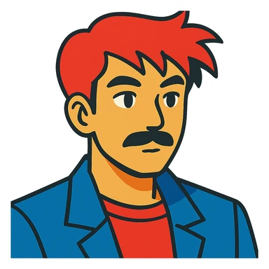 asian man with black mustache and red hair, 90's anime style, vibrant toon style sticker